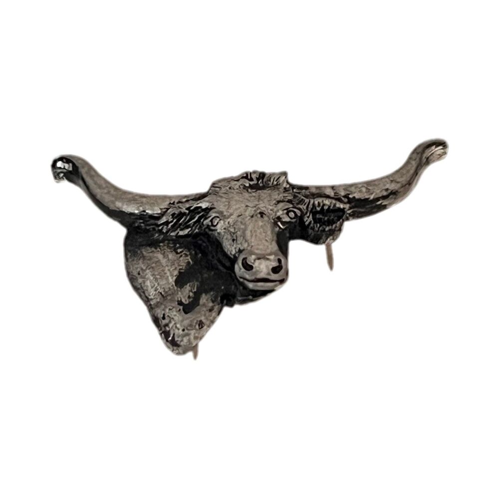 Vintage 1980s Longhorn Bull Steer Silver Tone Multi Post Tac Pin - 1J